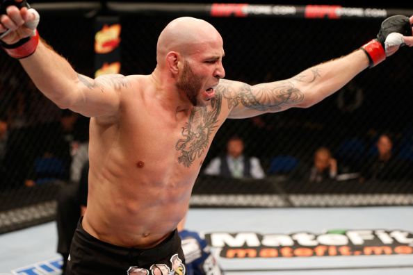 Ben Saunders celebrates after his submission victory over Chris Heatherly in their welterweight fight during the UFC Fight Night event on August 23, 2014 in Tulsa, OK. (Photo by Josh Hedges/Zuffa LLC)