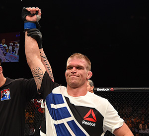 Evan Dunham of the United States reacts after his unanimous-decision victory over Ross Pearson of England in their lightweight fight during the UFC Fight Night event inside the SSE Hydro on July 18, 2015 in Glasgow, Scotland. (Photo by Josh Hedges/Zuffa LLC)
