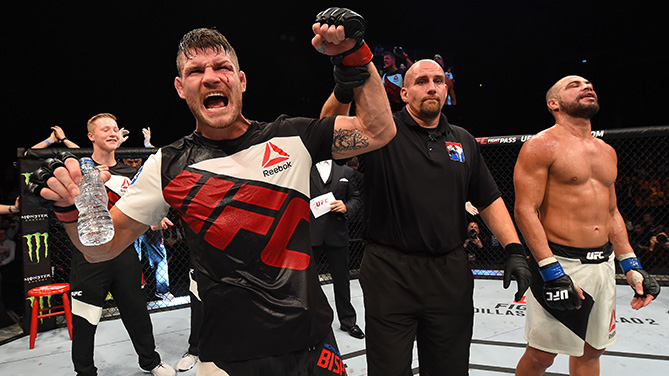 Michael Bisping of England reacts after his split-decision victory over Thales Leites of Brazil in their middleweight fight during the UFC Fight Night event inside the SSE Hydro on July 18, 2015 in Glasgow, Scotland. (Photo by Josh Hedges/Zuffa LLC)