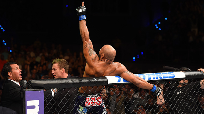 Yoel Romero of Cuba celebrates after defeating Lyoto Machida of Brazil in their middleweight during the UFC Fight Night event at the Hard Rock Live on June 27, 2015 in Hollywood, Florida. (Photo by Josh Hedges/Zuffa LLC)