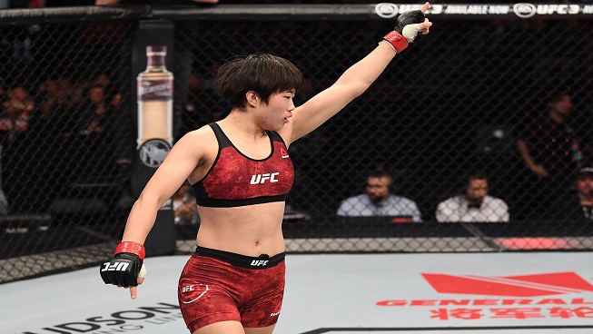 BEIJING, CHINA - NOVEMBER 24: <a href='../fighter/Yanan-Wu'>Wu Yanan</a> of China celebrates after her submission victory over <a href='../fighter/Lauren-Mueller'>Lauren Mueller</a> in their women's flyweight bout during the <a href='../event/UFC-Silva-vs-Irvin'>UFC Fight Night </a>event inside Cadillac Arena on November 24, 2018 in Beijing, China. (Photo by Jeff Bottari/Zuffa LLC/Zuffa LLC via Getty Images)