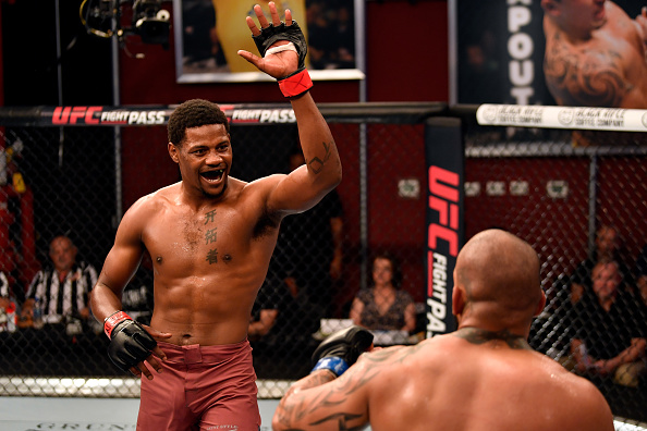 LAS VEGAS, NV - JUNE 12: (L-R) Kevin Holland battles <a href='../fighter/Will-Santiago'>Will Santiago</a> in their middleweight bout during Dana White's Tuesday Night Contender Series at the TUF Gym on June 12, 2018 in Las Vegas, Nevada. (Photo by Jeff Bottari/DWTNCS LLC)
