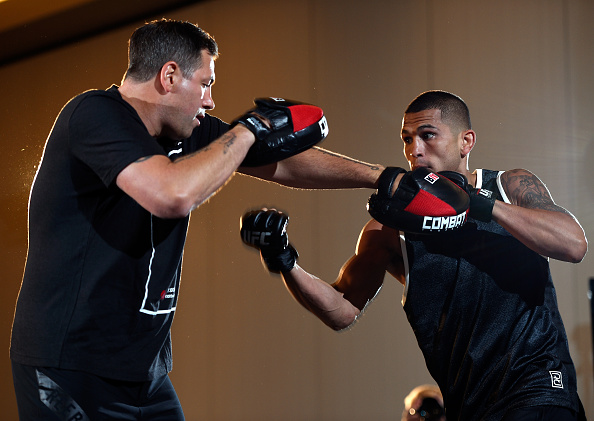VANCOUVER, BC - AUGUST 25: (R-L) <a href='../fighter/Anthony-Pettis'>Anthony Pettis</a> spars with coach Duke Roufus during an open workout session for media and fans at the Hyatt Regency Vancouver on August 25, 2016 in Vancouver, Canada. (Photo by Jeff Bottari/Zuffa LLC/Zuffa LLC via Getty Images)