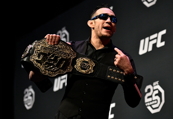 BOSTON, MA - JANUARY 19: <a href='../fighter/Tony-Ferguson'>Tony Ferguson</a> taunts <a href='../fighter/Khabib-Nurmagomedov'>Khabib Nurmagomedov</a> during the UFC press conference at TD Garden on January 19, 2018 in Boston, Massachusetts. (Photo by Brandon Magnus/Zuffa LLC/Zuffa LLC via Getty Images)