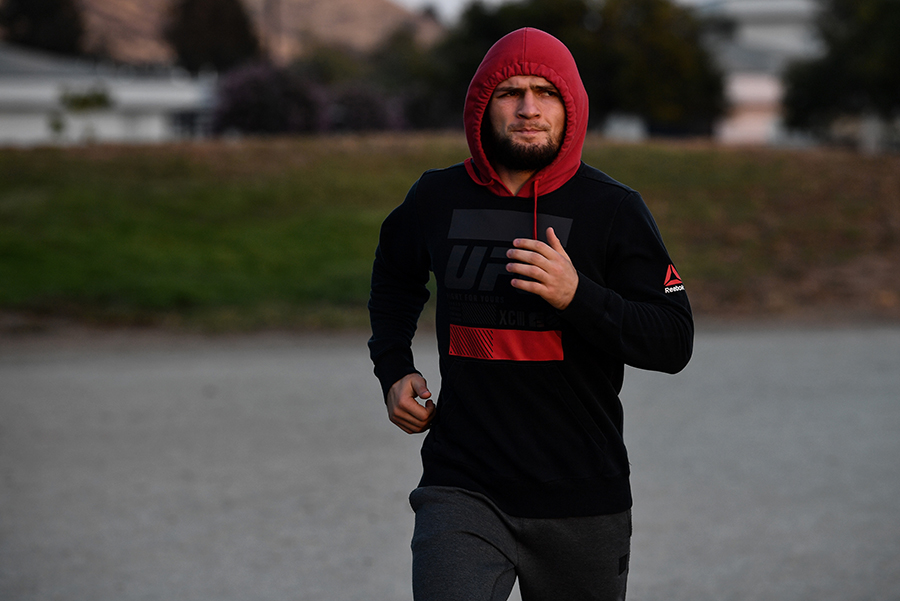 SAN JOSE, CA - AUGUST 30: <a href='../fighter/Khabib-Nurmagomedov'><a href='../fighter/Khabib-Nurmagomedov'>Khabib Nurmagomedov</a></a> runs on the track on August 30, 2018 in San Jose, California (Photo by Brandon Magnus)