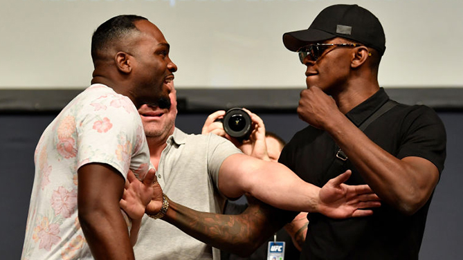 (L-R) Opponents Derek Brunson and Israel Adesanya (Photo by Jeff Bottari/Zuffa LLC)
