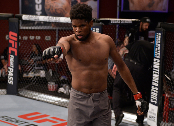 LAS VEGAS, NV - AUGUST 07: <a href='../fighter/Kennedy-Nzechukwu'>Kennedy Nzechukwu</a> celebrates after his TKO victory over <a href='../fighter/Dennis-Bryant'>Dennis Bryant</a> in their light heavyweight fight during Dana White's Tuesday Night Contender Series at the TUF Gym on August 7, 2018 in Las Vegas, Nevada. (Photo by Chris Unger/DWTNCS LLC)