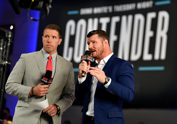 LAS VEGAS, NV - JUNE 12: (L-R) The broadcast team of Brendan Fitzgerald and Michael Bisping introduce season two of Dana White's Tuesday Night Contender Series at the TUF Gym on June 12, 2018 in Las Vegas, Nevada. (Photo by Jeff Bottari/DWTNCS LLC)