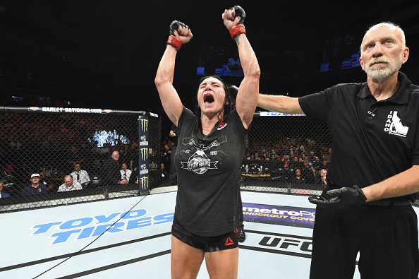 BOISE, ID - JULY 14: <a href='../fighter/Cat-Zingano'>Cat Zingano</a> celebrates her decision victory over <a href='../fighter/marion-reneau'>Marion Reneau</a> in their women's bantamweight fight during the <a href='../event/UFC-Silva-vs-Irvin'>UFC Fight Night </a>event inside CenturyLink Arena on July 14, 2018 in Boise, Idaho. (Photo by Josh Hedges/Zuffa LLC/Zuffa LLC via Getty Images)