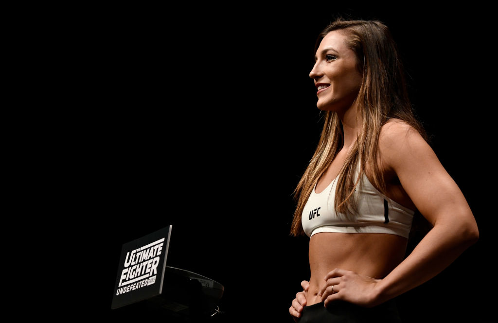 LAS VEGAS, NV - JULY 05: <a href='../fighter/Montana-De-La-Rosa'>Montana De La Rosa</a> poses on the scale during <a href='../event/The-Ultimate-Fighter-T-Rampage-vs-T-Forrest-Finale'><a href='../event/The-Ultimate-Fighter-Finale-Team-Nog-vs-Team-Mir'><a href='../event/The-Ultimate-Fighter-Team-Liddell-vs-Team-Ortiz-FINALE'><a href='../event/TUF13-finale'><a href='../event/the-ultimate-fighter-a-champion-will-be-crowned'>The Ultimate Fighter Finale </a></a></a></a></a>weigh-in inside The Pearl concert theater at Palms Casino Resort on July 5, 2018 in Las Vegas, Nevada. (Photo by Brandon Magnus/Zuffa LLC/Zuffa LLC via Getty Images)