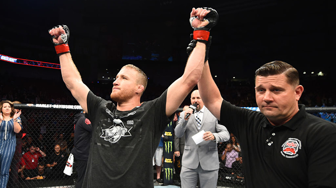 LINCOLN, NE - AUGUST 25: <a href='../fighter/Justin-Gaethje'>Justin Gaethje</a> celebrates after his knockout victory over <a href='../fighter/James-Vick'>James Vick</a> in their lightweight fight during the <a href='../event/UFC-Silva-vs-Irvin'>UFC Fight Night </a>event at Pinnacle Bank Arena on August 25, 2018 in Lincoln, Nebraska. (Photo by Josh Hedges/Zuffa LLC/Zuffa LLC via Getty Images)