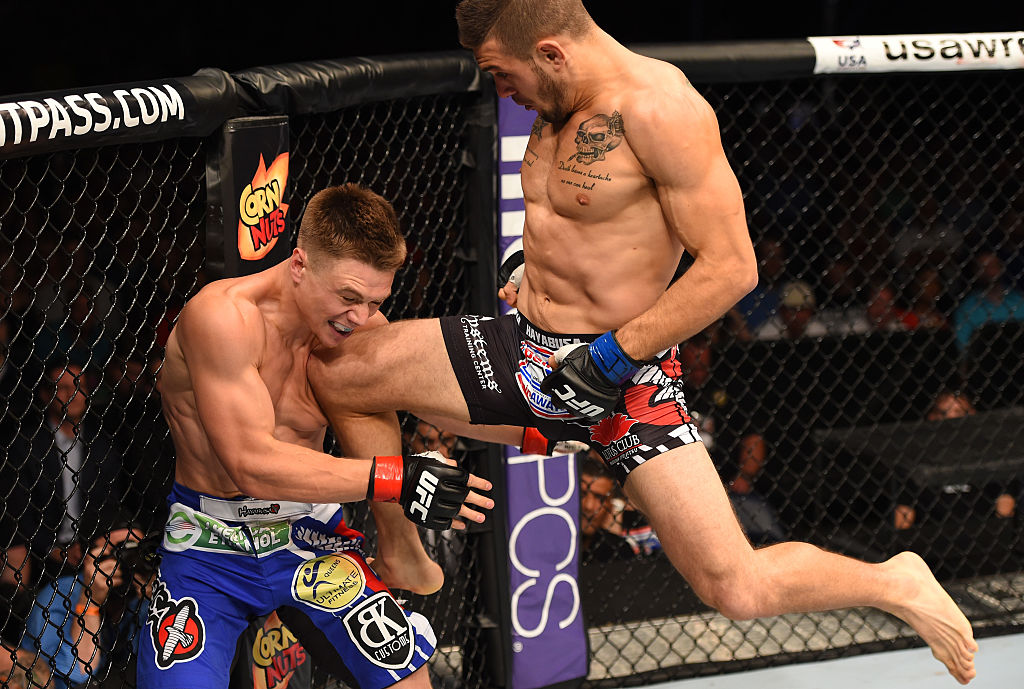 Christos Giagos knees Chris Wade during the UFC event on June 6, 2015 in New Orleans, LA. (Photo by Josh Hedges/Zuffa LLC)