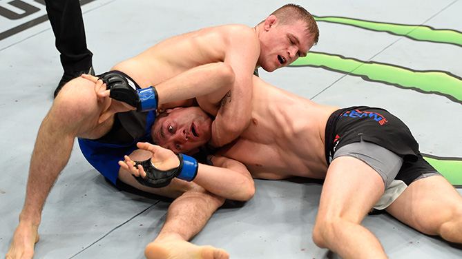 <a href='../fighter/Evan-Dunham'>Evan Dunham</a> attempts to submit <a href='../fighter/rick-glenn'>Rick Glenn</a> <a href='../event/UFC-Silva-vs-Irvin'>UFC Fight Night </a>event on September 17, 2016 in Hidalgo, TX. (Photo by Josh Hedges/Zuffa LLC)