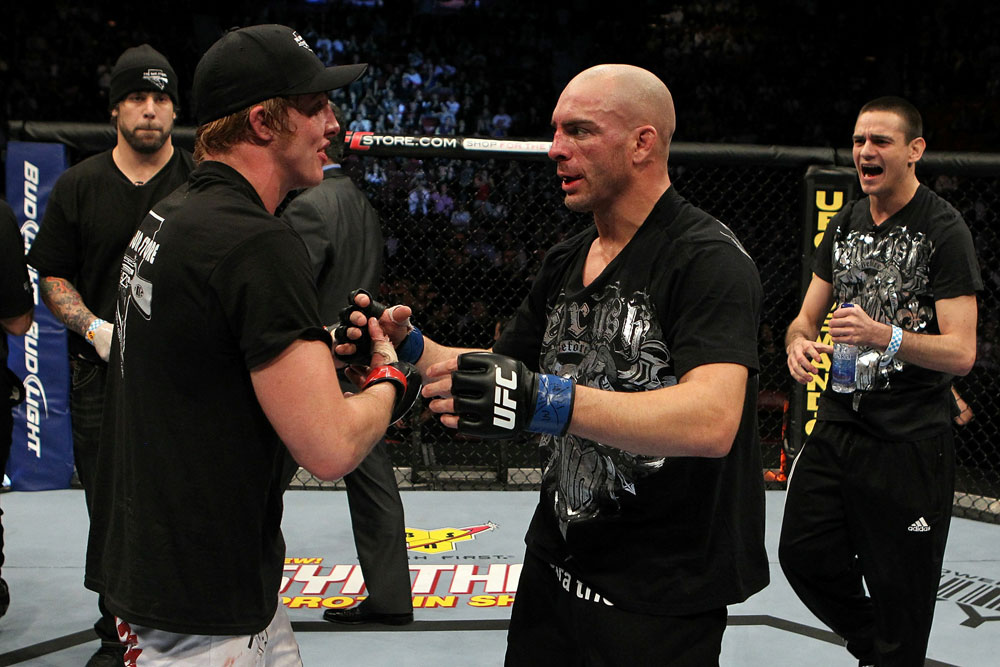 UFC 124: Riddle and Pierson shake at the end of their fight.