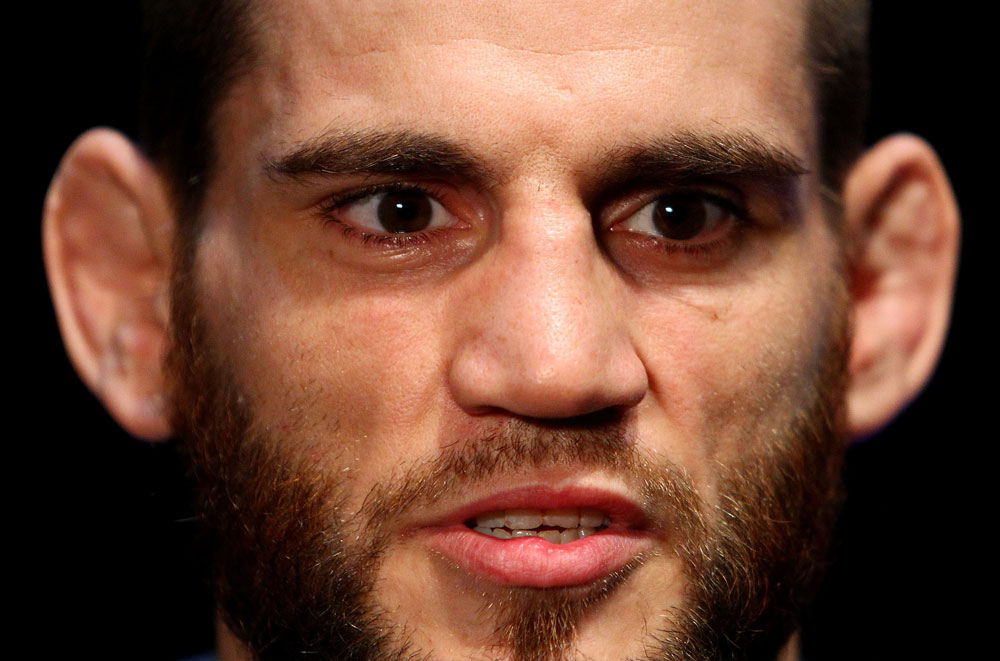 Jon Fitch talks to the media during an Open Workout