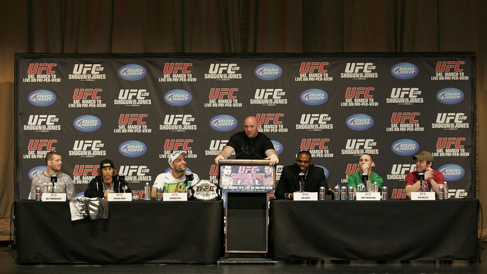 UFC 128: Pre-Fight Press Conference (L-R) Nate Marquardt, Urijah Faber, Shogun Rua, Dana White, Jon "Bones" Jones, Eddie Wineland & Dan Miller