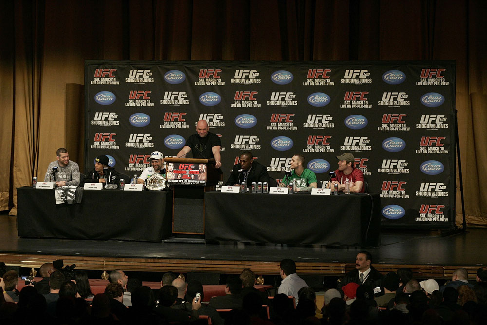 UFC 128: Pre-Fight Press Conference (L-R) Nate Marquardt, Urijah Faber, Shogun Rua, Dana White, Jon "Bones" Jones, Eddie Wineland & Dan Miller