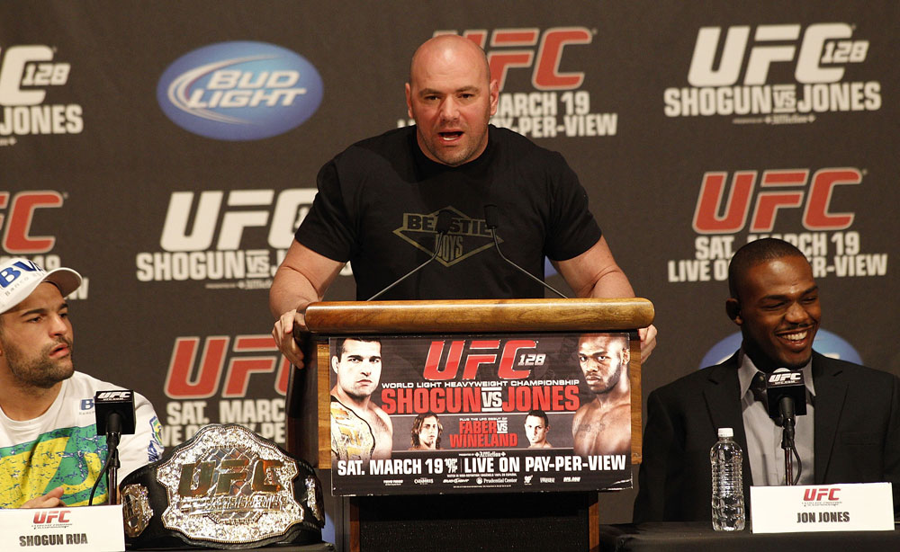 UFC 128: Pre-Fight Press Conference (L-R): Shogun Rua, Dana White and Jon Jones