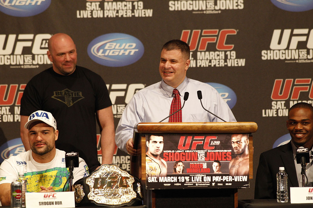 UFC 128: Pre-Fight Press Conference (L-R): Shogun Rua, Dana White and Jon Jones