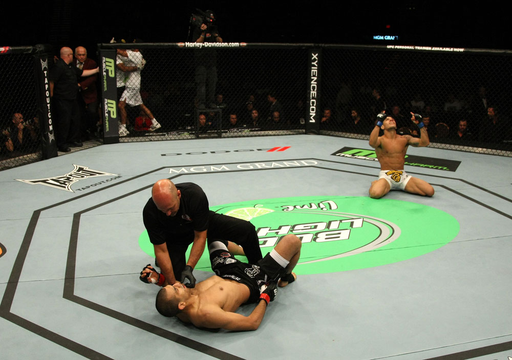 Rafael Dos Anjos celebrates after knocking out George Sotiropoulos.