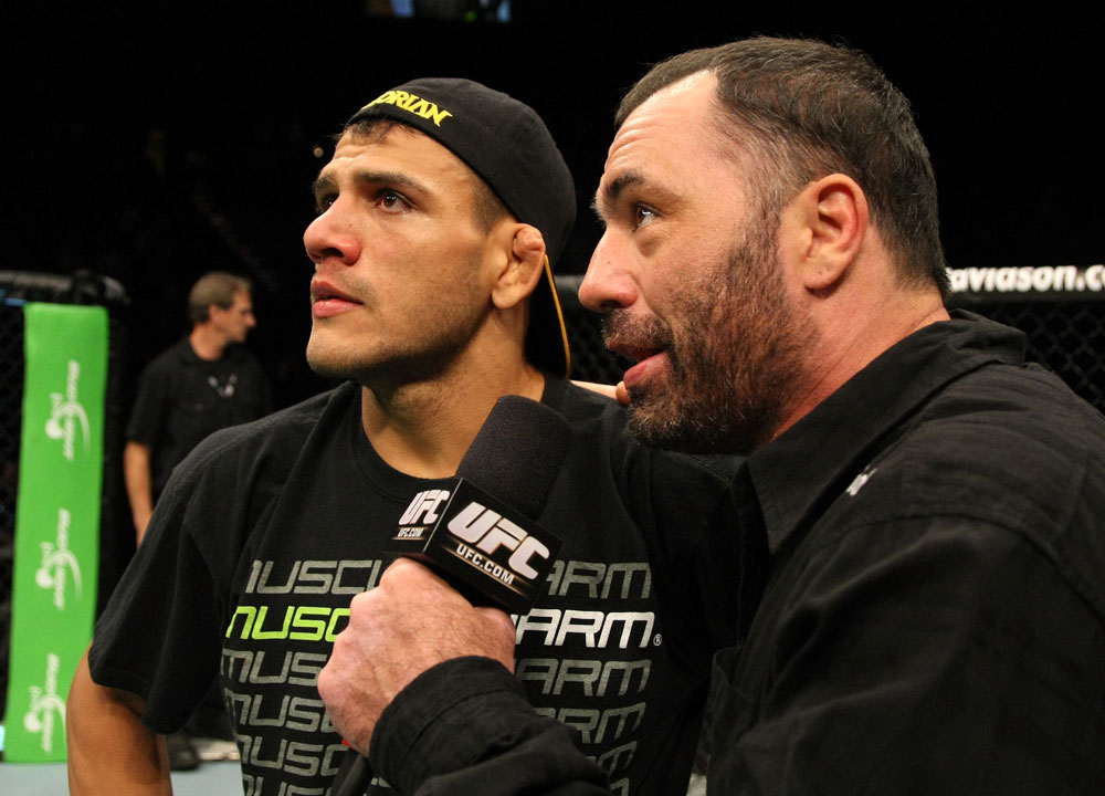 Joe Rogan speaks with Rafael Dos Anjos after his victory over George Sotiropoulos.