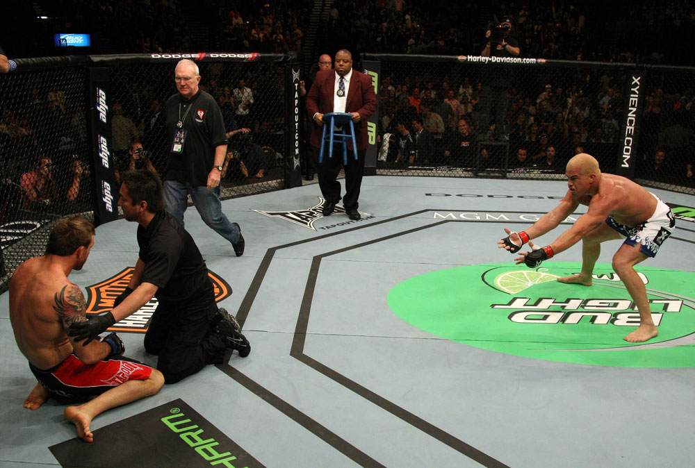 Tito Ortiz celebrates his victory over Ryan Bader.