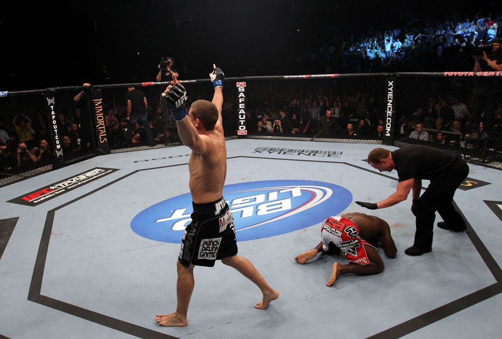 Joe Lauzon celebrates his win over Melvin Guillard