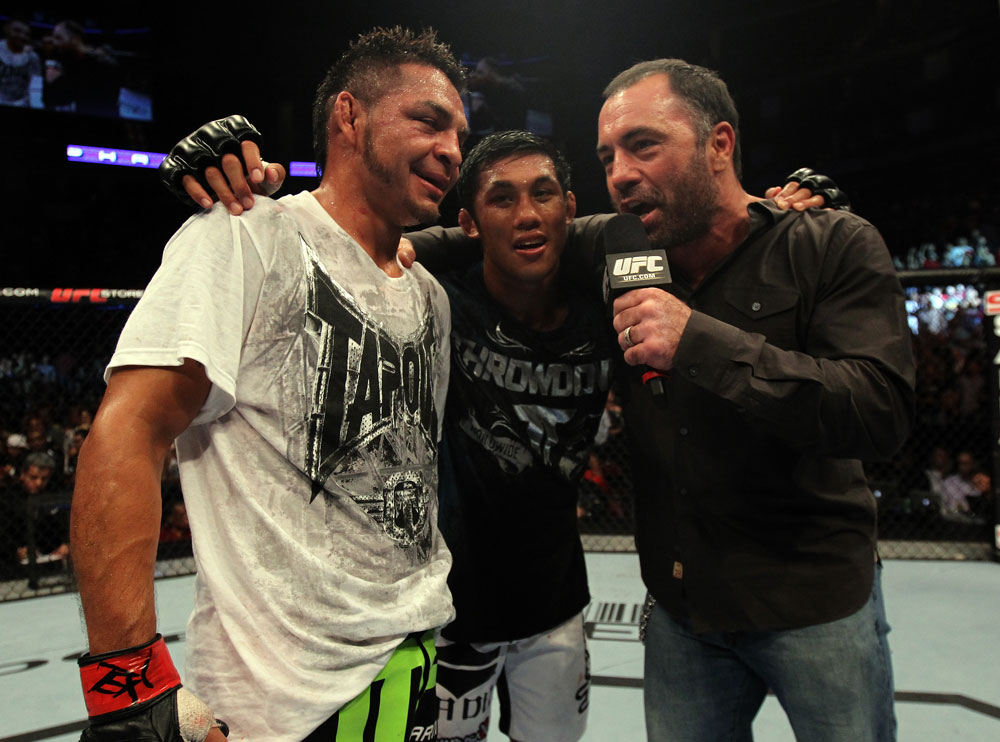 Leonard Garcia, Nam Phan and Joe Rogan after the fight