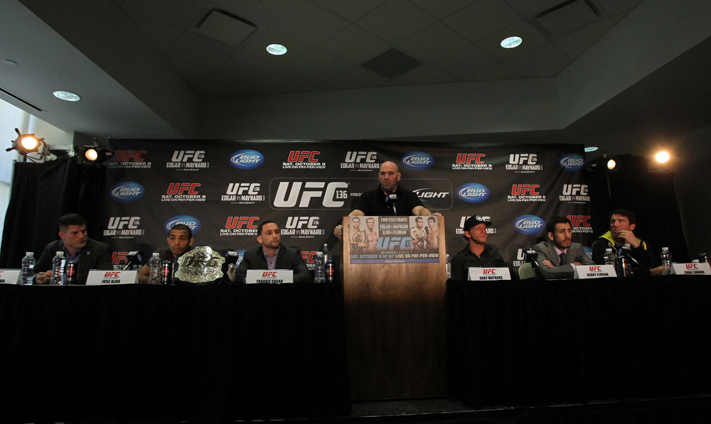 (L-R) Brian Stann, Jose Aldo, Frankie Edgar, UFC President Dana White, Gray Maynard, Kenny Florian and Chael Sonnen