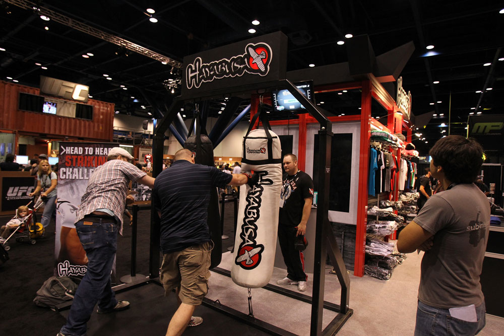 Fans take part in a striking challenge at the Hayabusa booth