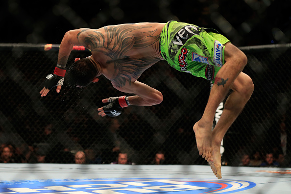 TonyFerguson celebrates after defeating Abel Trujillo in their fight during the UFC 181 event on December 6, 2014 in Las Vegas, NV. (Photo by Alex Trautwig/Getty Images)