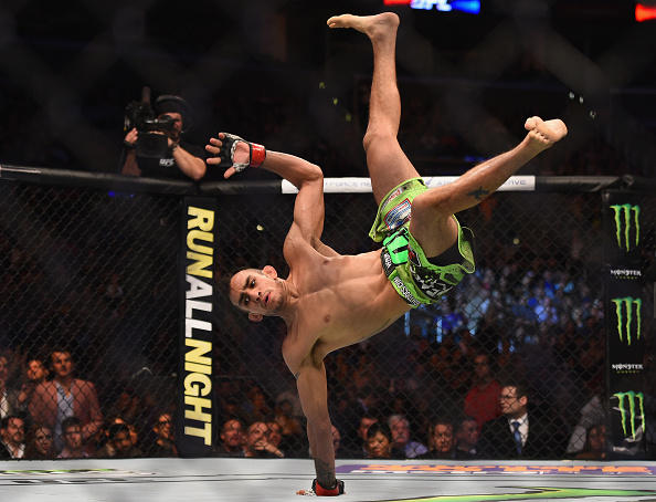 Tony Ferguson celebrates after defeating Gleison Tibau in their lightweight bout during the UFC 184 event at Staples Center on February 28, 2015 in Los Angeles, California. (Photo by Jeff Bottari/Zuffa LLC)
