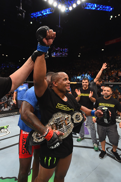 LAS VEGAS, NV - MAY 23: Daniel Cormier reacts to his victory over Anthony Johnson in their UFC light heavyweight championship bout during the UFC 187 event at the MGM Grand Garden Arena on May 23, 2015 in Las Vegas, Nevada. (Photo by Josh Hedges/Zuffa LLC/Zuffa LLC via Getty Images)