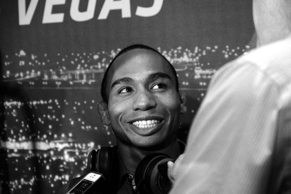 LAS VEGAS, NEVADA - MAY 21: John Dodson talks to reporters at UFC 187 Media Day at the MGM Grand. (Photo by Juan Cardenas)
