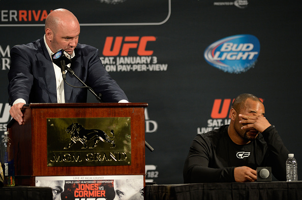 LAS VEGAS, NEVADA - JANUARY 03: Daniel Cormier looks emotional during the UFC 182 post fight press conference inside the MGM Grand Hotel/Casino on January 3, 2015 in Las Vegas, Nevada. (Photo by Brandon Magnus/Zuffa LLC/Zuffa LLC via Getty Images)
