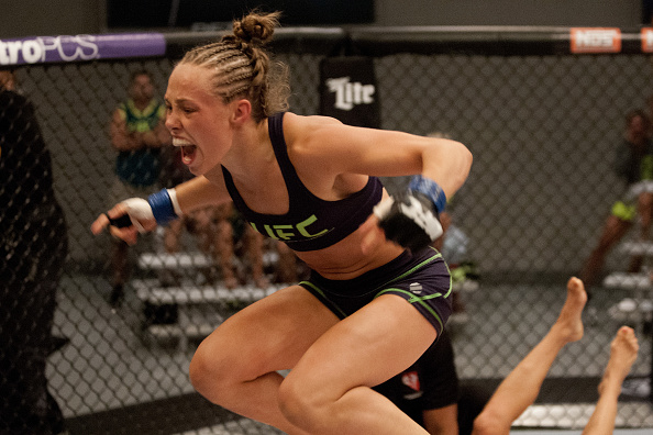 LAS VEGAS, NV - AUGUST 14: Team Melendez fighter Rose Namajunas reacts after submitting team Pettis fighter Randa Markos during filming of season twenty of The Ultimate Fighter on August 14, 2014 in Las Vegas, Nevada. (Photo by Brandon Magnus/Zuffa LLC/Zuffa LLC via Getty Images)