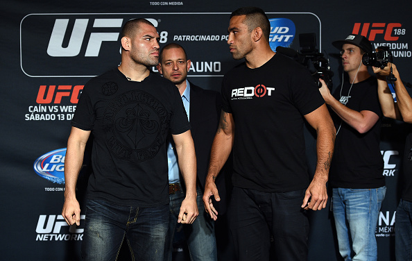 MEXICO CITY, MEXICO - JUNE 11: (L-R) UFC heavyweight champion Cain Velasquez and interim heavyweight champion Fabricio Werdum face off for the media during the UFC 188 Ultimate Media Day. (Photo by Jeff Bottari/Zuffa LLC)