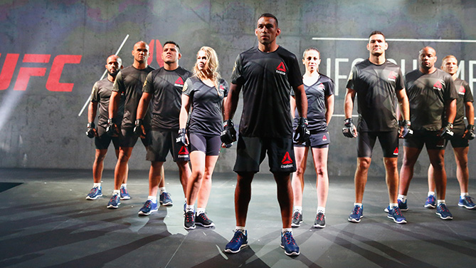 NEW YORK, NY - JUNE 30: UFC fighters display the new Reebok clothing line during the Reebok Fight Kit Launch at Skylight Modern. (Photo by Al Bello/Zuffa LLC)