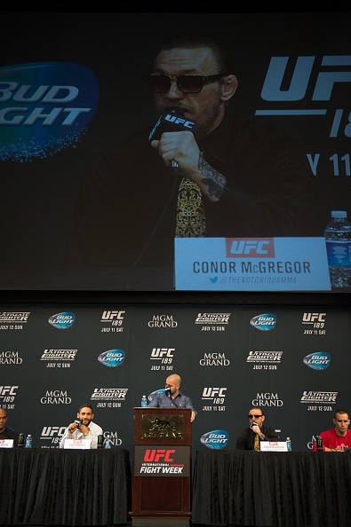 Conor McGregor and Chad Mendes speak to the media during the UFC 189 & TUF Finale Press Conference at MGM Grand Hotel & Casino on July 9, 2015 in Las Vegas Nevada. (Photo by Brandon Magnus/Zuffa LLC)