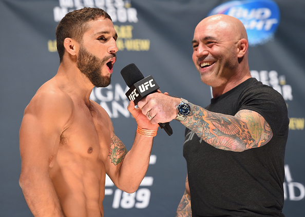 Chad Mendes speaks with Joe Rogan during the UFC 189 weigh-in inside MGM Grand Garden Arena on July 10, 2015 in Las Vegas, Nevada. (Photo by Josh Hedges/Zuffa LLC)
