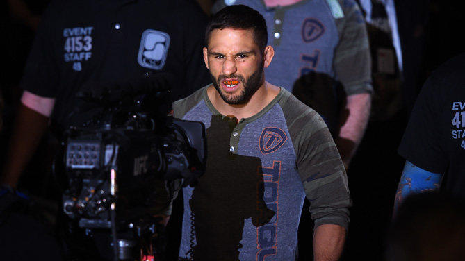 Chad Mendes enters the arena before facing Ricardo Lamas in their featherweight fight during the UFC Fight Night event at the Patriot Center on April 4, 2015 in Fairfax, Virginia. (Photo by Josh Hedges/Zuffa LLC)