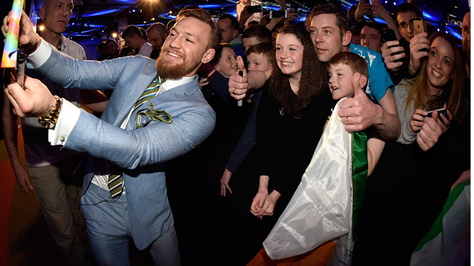 UFC featherweight title challenger Conor 'The Notorious' McGregor of Ireland interacts with fans during the UFC 189 World Championship Fan Event on March 31, 2015 in Dublin, Ireland. (Photo by Jeff Bottari/Zuffa LLC)