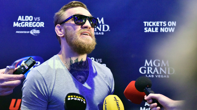 UFC featherweight Conor McGregor of Ireland speaks to media during the UFC 189 World Championship Media Availability on March 31, 2015 in Dublin, Ireland. (Photo by Jeff Bottari/Zuffa LLC)