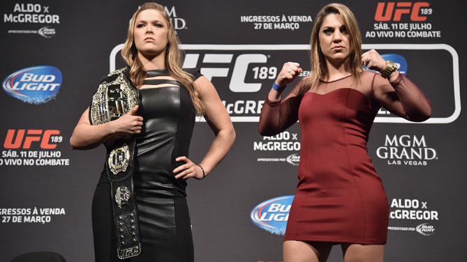 UFC Women's Bantamweight Champion Ronda Rousey of the United States (L) and Bethe Correia of Brazil (R) pose for the media during the 189 World Media Tour Launch press conference at Maracanazinho on March 20, 2015 in Rio de Janeiro, Brazil. (Photo by Buda Mendes/Zuffa LLC)