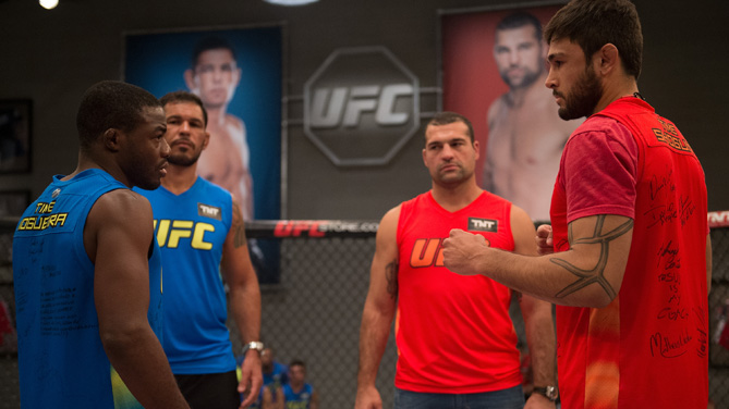 Fernando Acougueiro and Glacio Franca face off before they face each other in the finals during the filming of The Ultimate Fighter Brazil: Team Nogueira vs Team Rua on March 7, 2015 in Las Vegas, Nevada. (Photo by Brandon Magnus/Zuffa LLC)