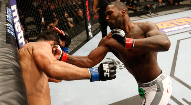 Anthony Johnson knocks out Antonio Rogerio Nogueira during the UFC Fight Night event on July 26, 2014 in San Jose, CA. (Photo by Josh Hedges/Zuffa LLC)