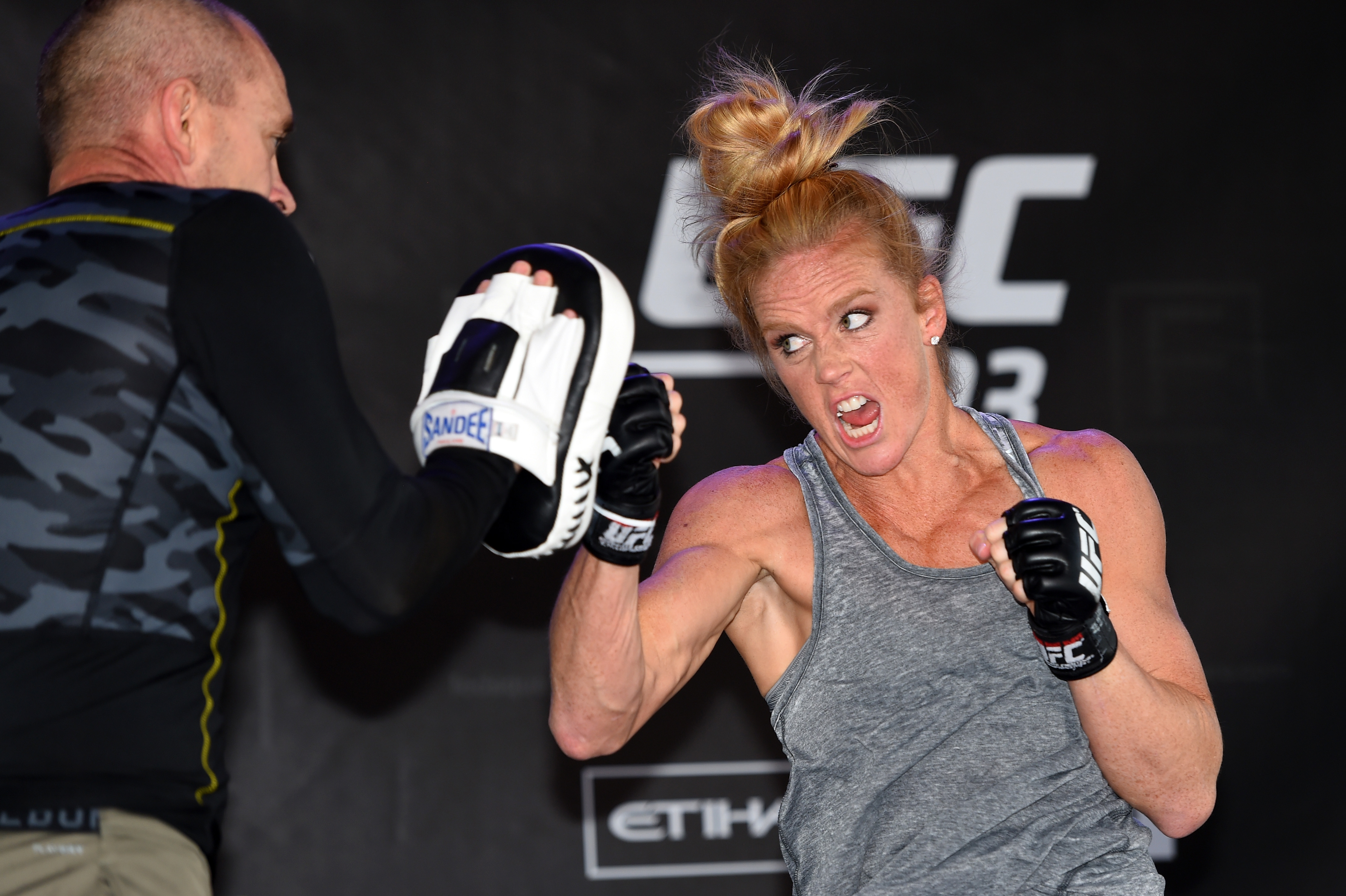 MELBOURNE, AUSTRALIA - NOVEMBER 12: Holly Holm of the United States holds an open workout for fans and media at Federation Square on November 12, 2015 in Melbourne, Australia. (Photo by Josh Hedges/Zuffa LLC)