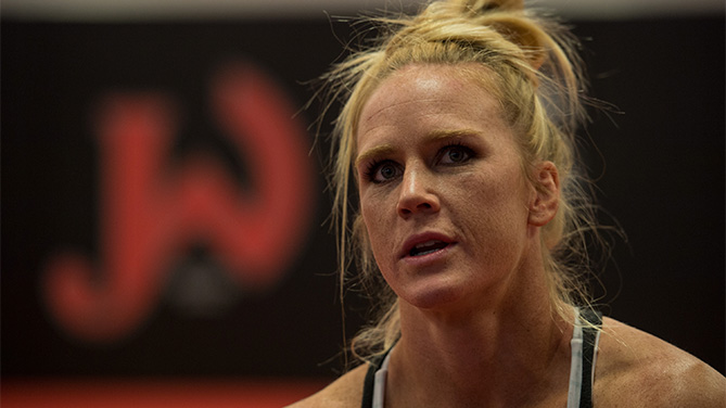 Holly Holm talks with her coach during her training at Jackson's Mixed Martial Arts & Fitness on October 30, 2015 in Albuquerque, New Mexico. (Photo by Brandon Magnus/Zuffa LLC)