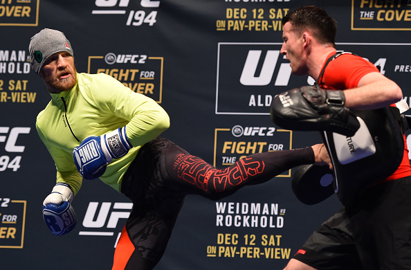 Conor McGregor of Ireland works out for fans and media during the UFC 194 open workouts inside MGM Grand Garden Arena on December 10, 2015 in Las Vegas, Nevada. (Photo by Josh Hedges/Zuffa LLC)