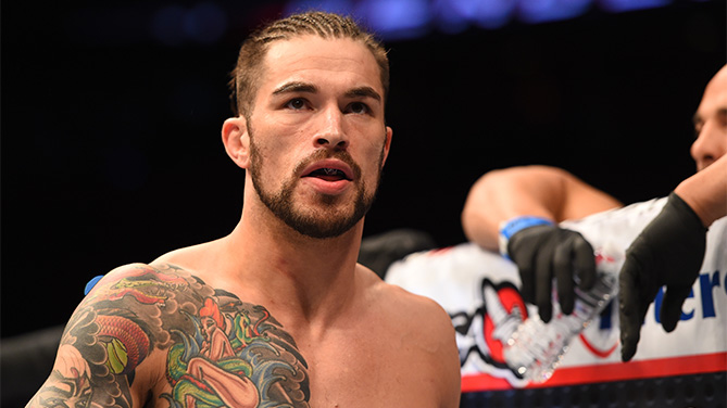 Brandon Thatch waits in his corner before facing Benson Henderson in their welterweight fight during the UFC Fight Night event inside 1stBank Center on February 14, 2015 in Broomfield, Colorado. (Photo by Josh Hedges/Zuffa LLC)